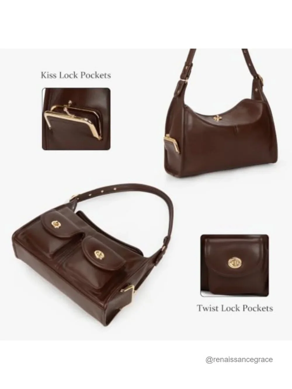 Turn Lock Hobo Handbag Women Multi-Pocket Large Kiss Lock Tote Crossbody Faux